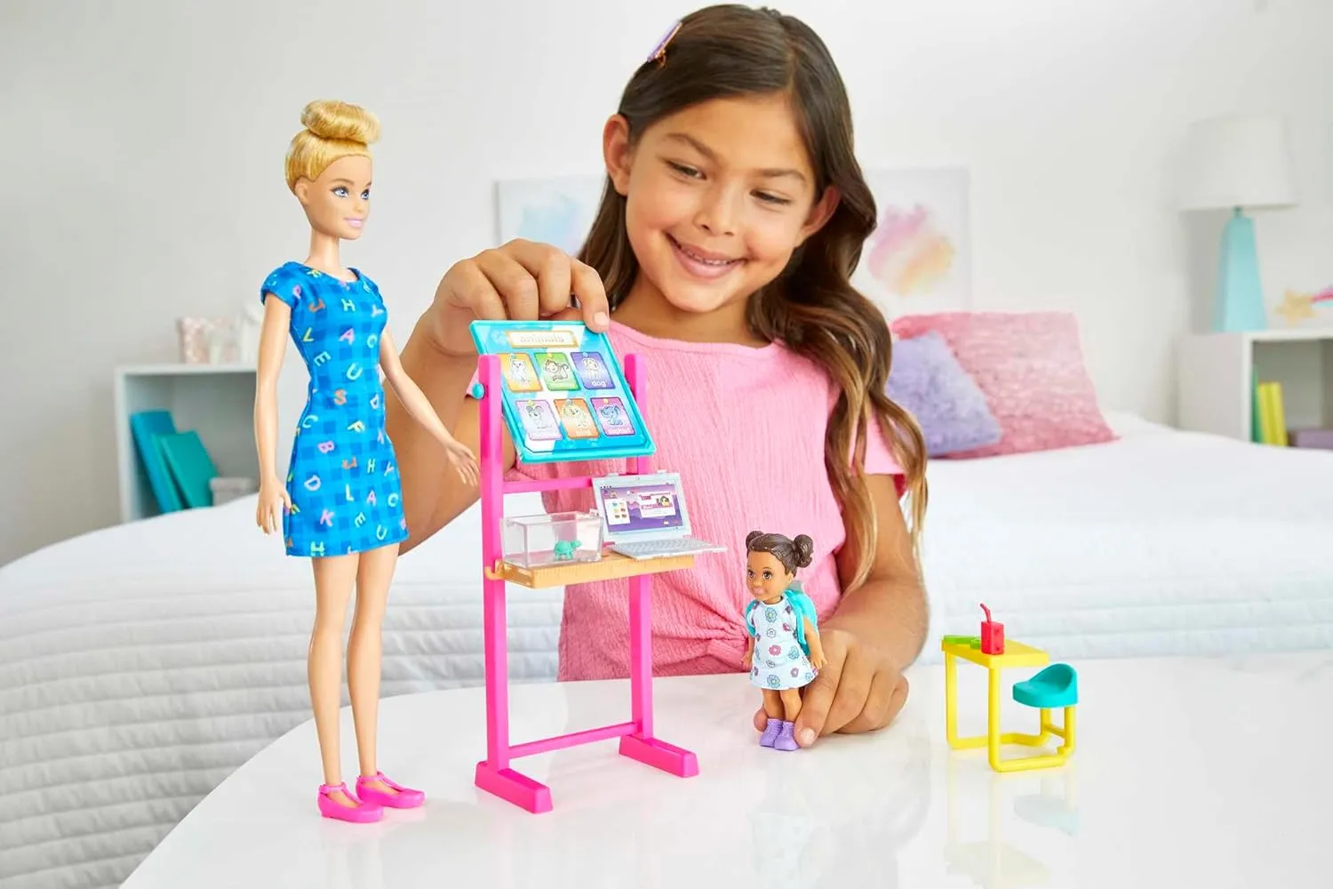 Barbie Careers Playset, School Teacher with Blonde Fashion Doll, Brunette Small Student Doll, Flipping Blackboard, Desk & More