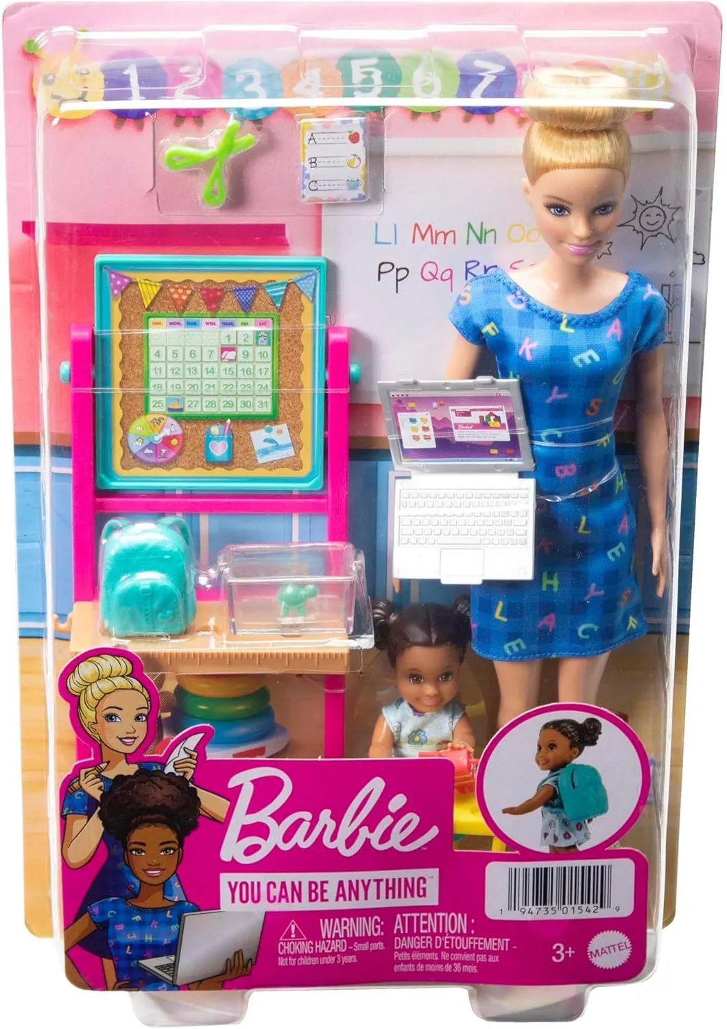 Barbie Careers Playset, School Teacher with Blonde Fashion Doll, Brunette Small Student Doll, Flipping Blackboard, Desk & More