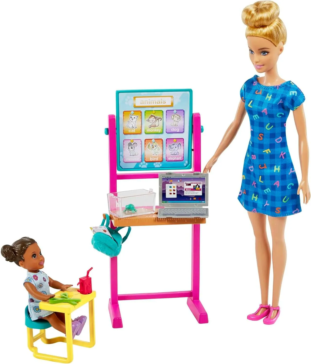 Barbie Careers Playset, School Teacher with Blonde Fashion Doll, Brunette Small Student Doll, Flipping Blackboard, Desk & More