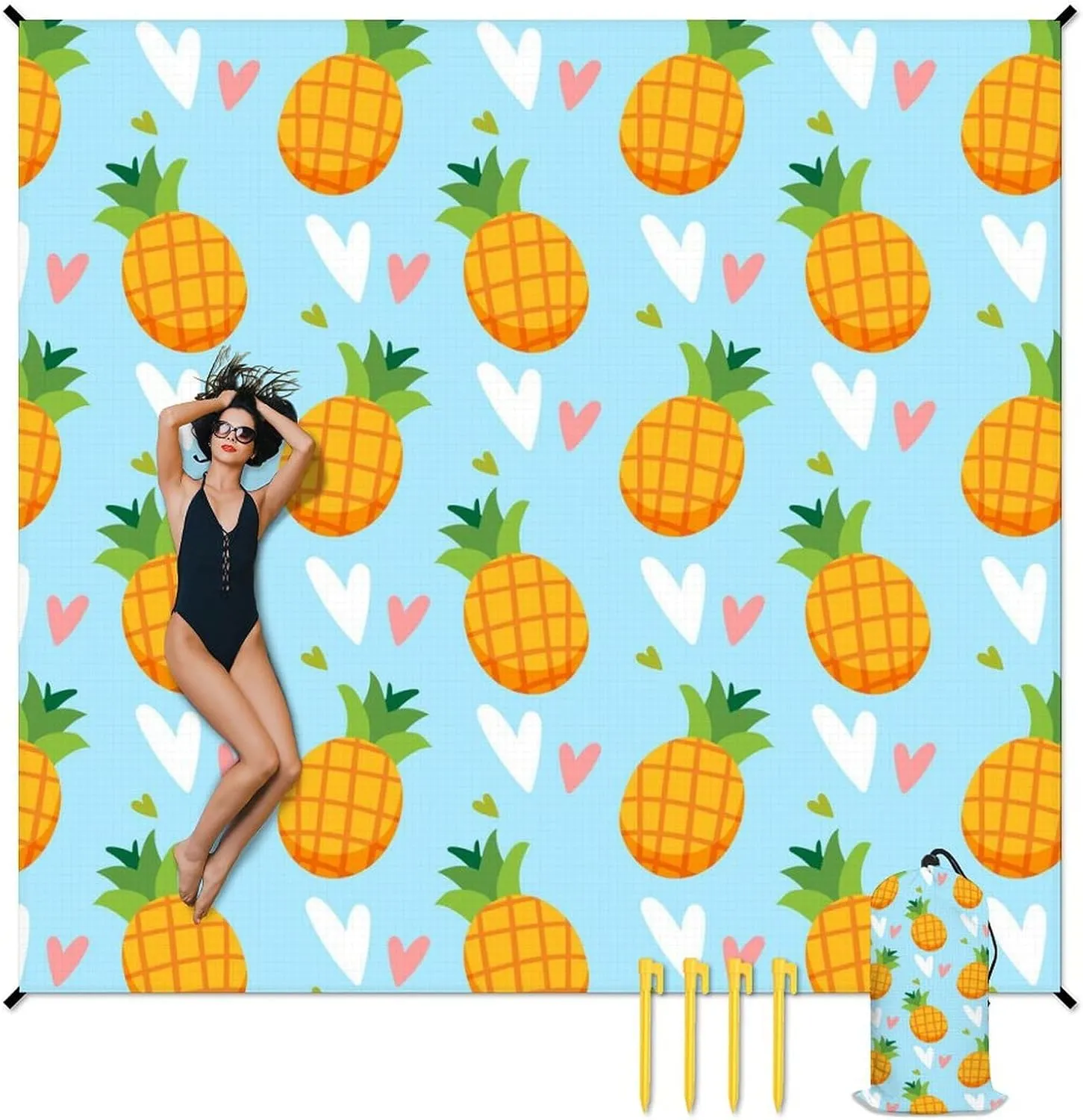 Beach Blanket Waterproof Sandproof, 118x110 Inches Oversized Pineapple Beach Mat for 6-8 Adults, Lightweight Windproof Picnic Blanket with 4 Corner Pockets for Outdoor, Travel, Camping, Hiking