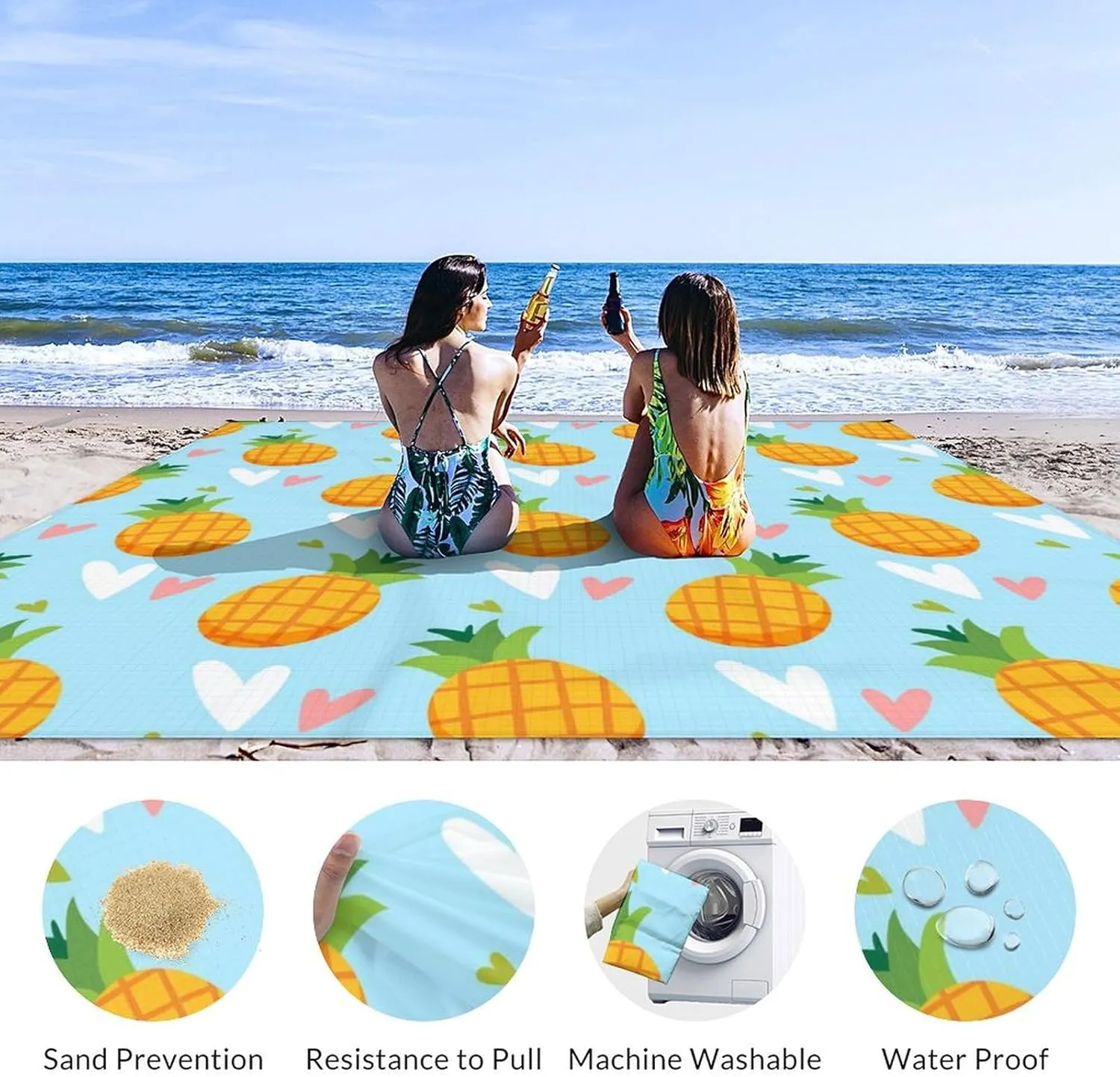 Beach Blanket Waterproof Sandproof, 118x110 Inches Oversized Pineapple Beach Mat for 6-8 Adults, Lightweight Windproof Picnic Blanket with 4 Corner Pockets for Outdoor, Travel, Camping, Hiking