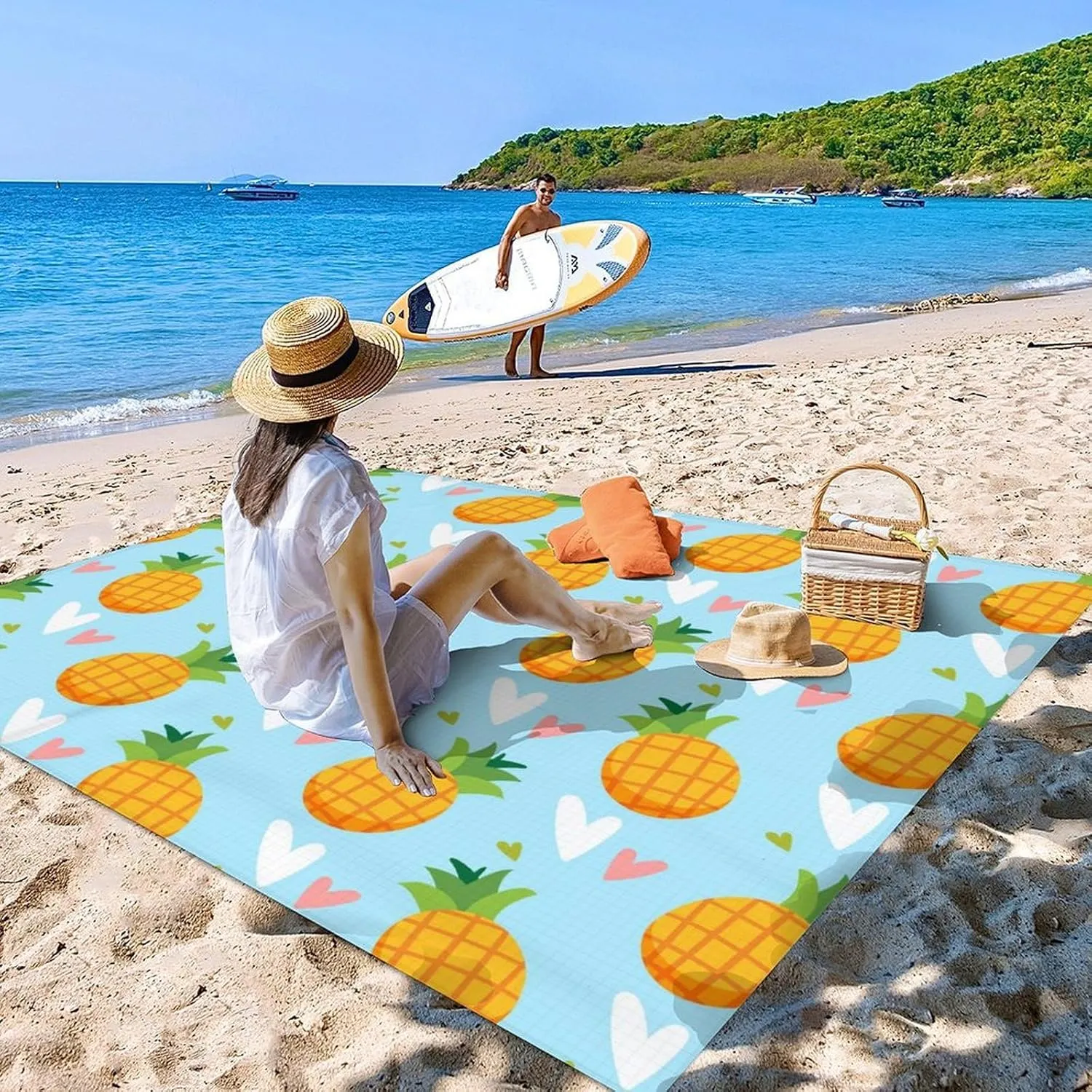 Beach Blanket Waterproof Sandproof, 118x110 Inches Oversized Pineapple Beach Mat for 6-8 Adults, Lightweight Windproof Picnic Blanket with 4 Corner Pockets for Outdoor, Travel, Camping, Hiking