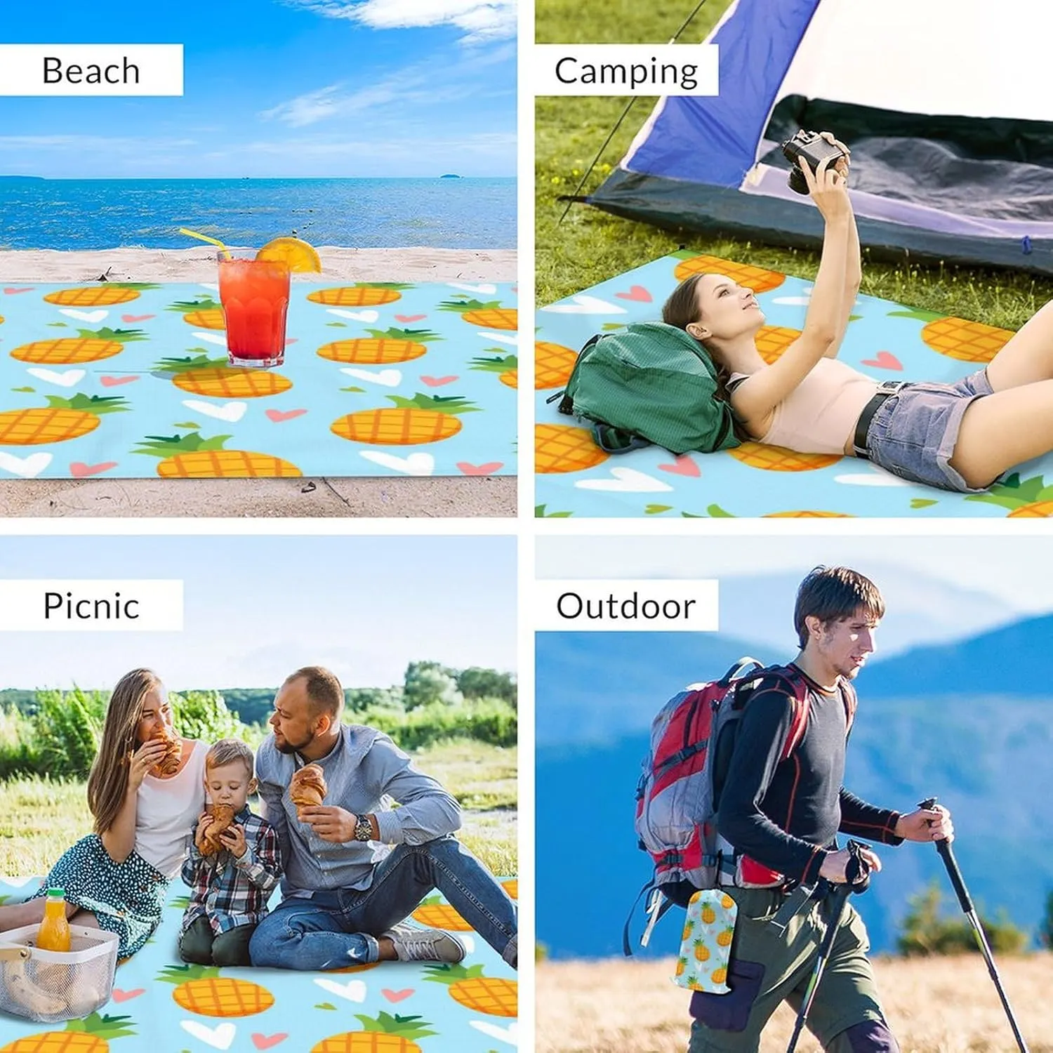 Beach Blanket Waterproof Sandproof, 118x110 Inches Oversized Pineapple Beach Mat for 6-8 Adults, Lightweight Windproof Picnic Blanket with 4 Corner Pockets for Outdoor, Travel, Camping, Hiking