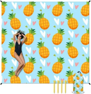 Beach Blanket Waterproof Sandproof, 118x110 Inches Oversized Pineapple Beach Mat for 6-8 Adults, Lightweight Windproof Picnic Blanket with 4 Corner Pockets for Outdoor, Travel, Camping, Hiking