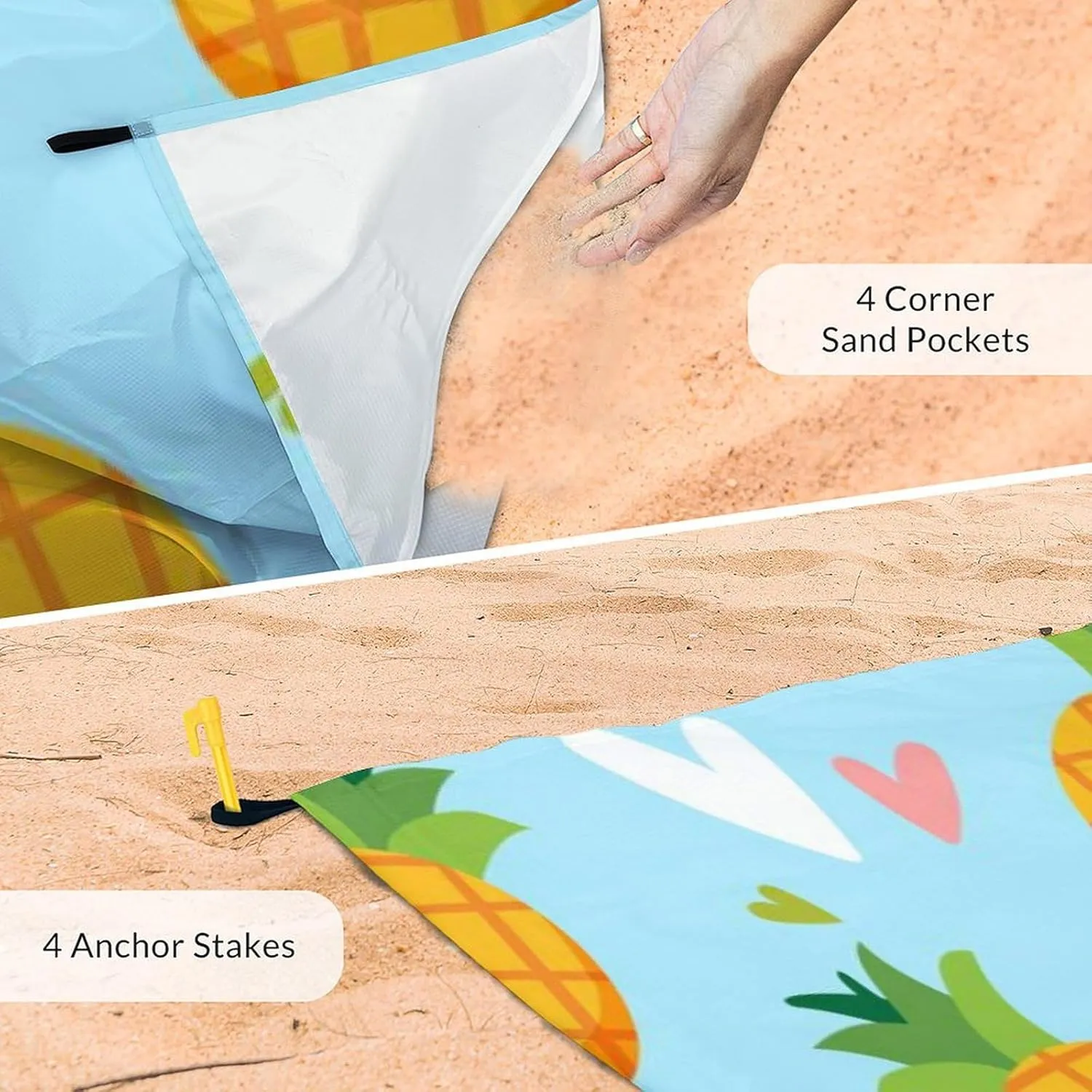 Beach Blanket Waterproof Sandproof, 118x110 Inches Oversized Pineapple Beach Mat for 6-8 Adults, Lightweight Windproof Picnic Blanket with 4 Corner Pockets for Outdoor, Travel, Camping, Hiking