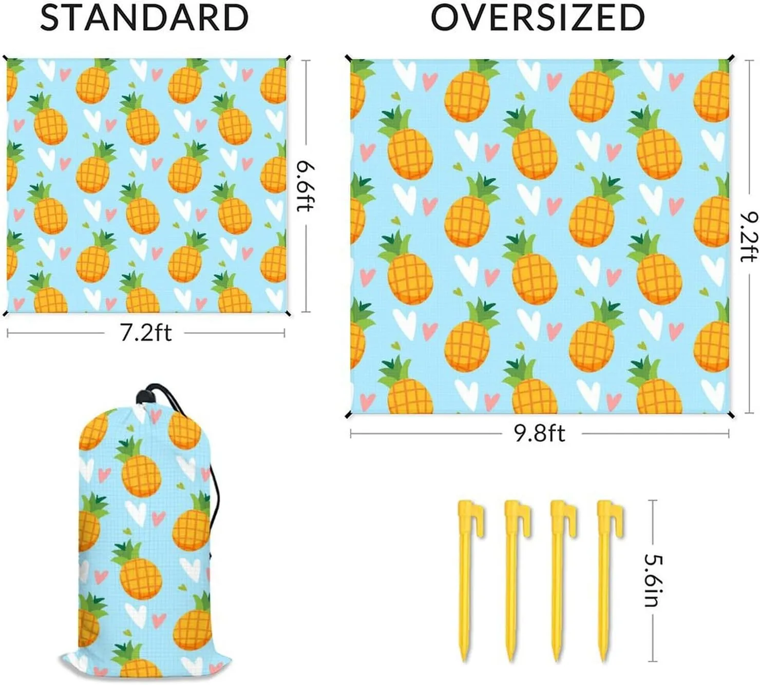 Beach Blanket Waterproof Sandproof, 118x110 Inches Oversized Pineapple Beach Mat for 6-8 Adults, Lightweight Windproof Picnic Blanket with 4 Corner Pockets for Outdoor, Travel, Camping, Hiking