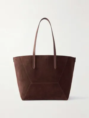 Bead-embellished leather-trimmed suede tote