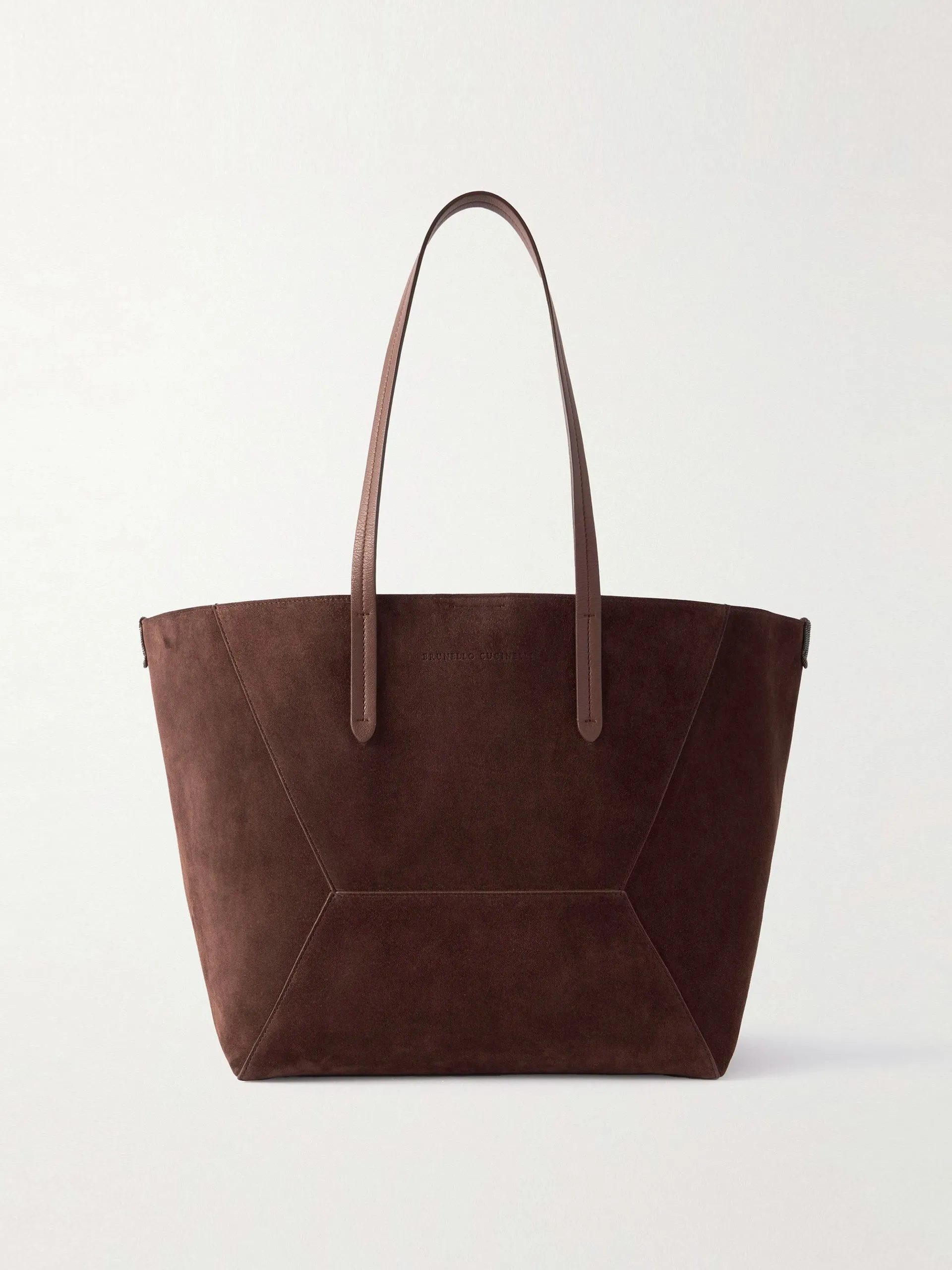Bead-embellished leather-trimmed suede tote