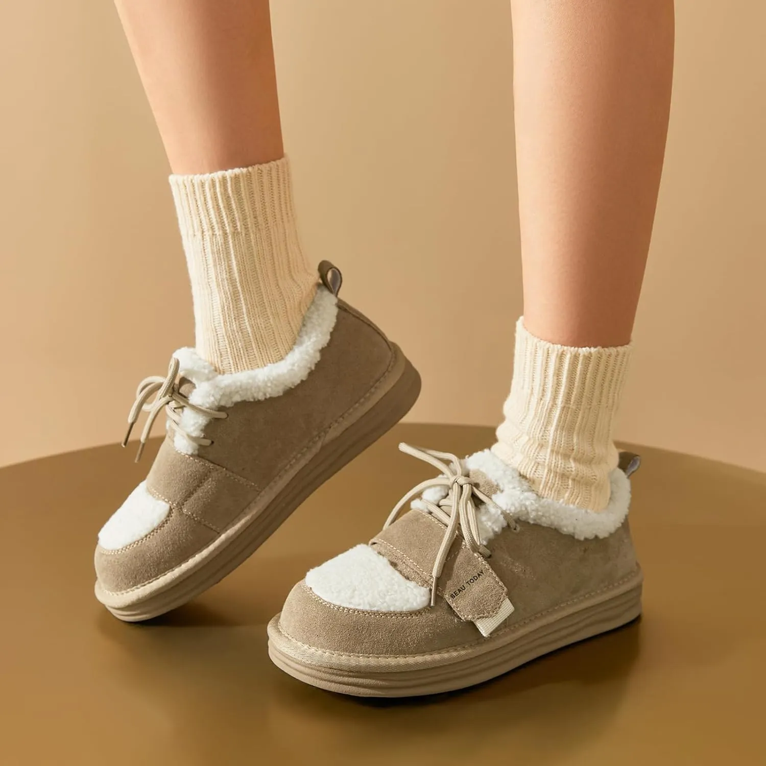 BEAU TODAY Snow Sneakers for Women, Suede Platform Sneakers Womens Warm Fur Lined Fashion Sneakers Slip-on Comfortable Winter Flat Shoes