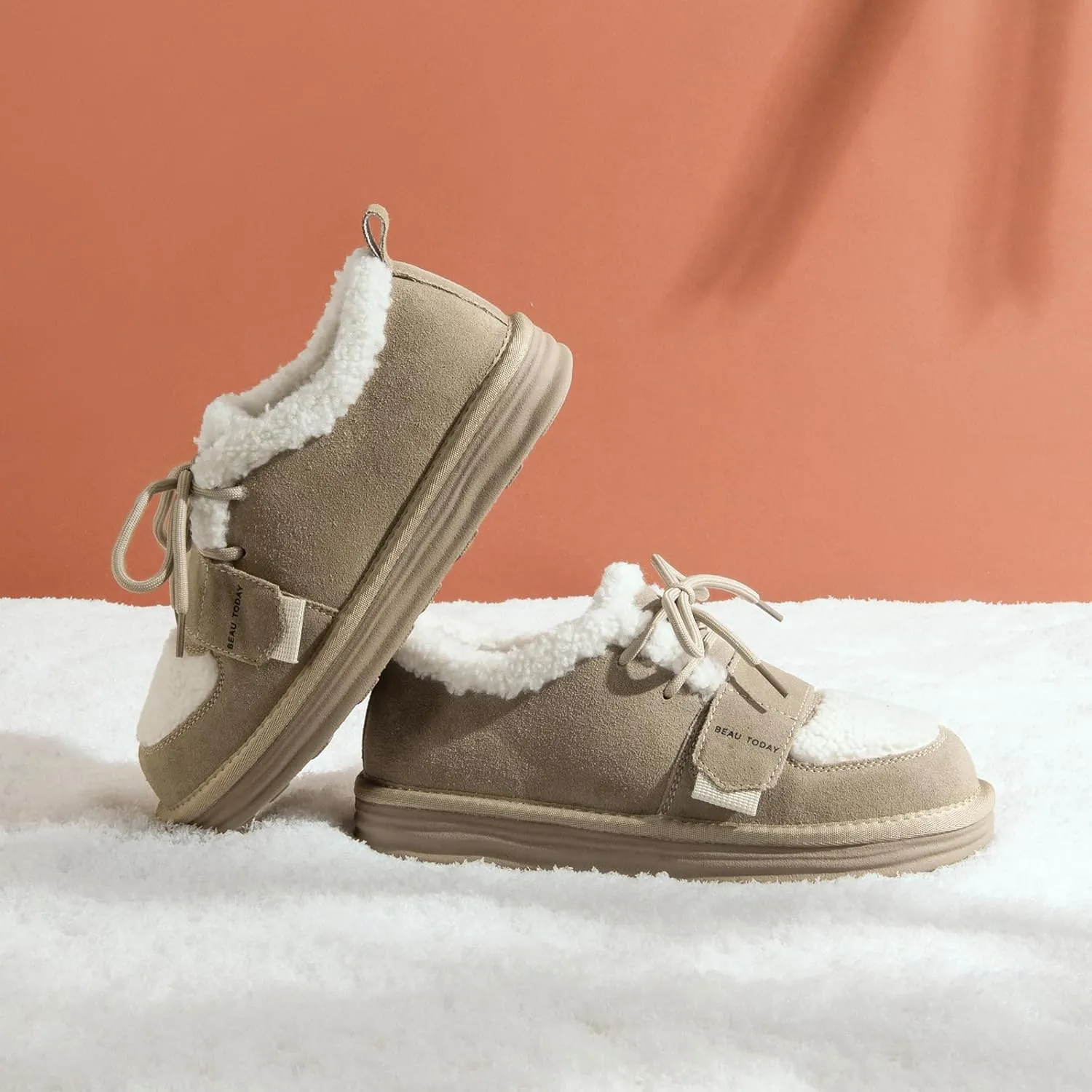 BEAU TODAY Snow Sneakers for Women, Suede Platform Sneakers Womens Warm Fur Lined Fashion Sneakers Slip-on Comfortable Winter Flat Shoes