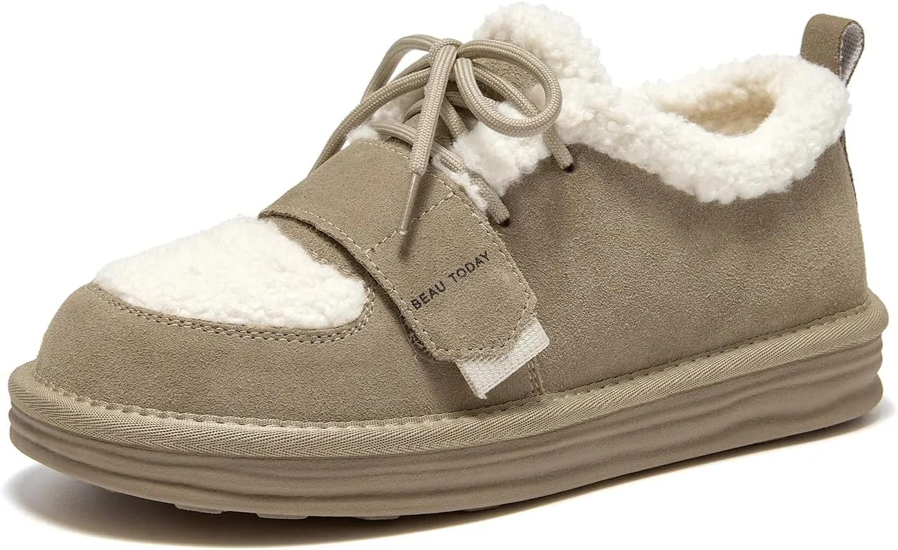 BEAU TODAY Snow Sneakers for Women, Suede Platform Sneakers Womens Warm Fur Lined Fashion Sneakers Slip-on Comfortable Winter Flat Shoes