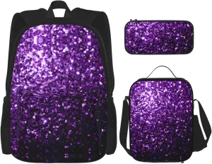 Beautiful Purple Glitter Print Versatile Adjustable Shoulder Fashion Backpack Lunch Bag Pencil Case Large Capacity