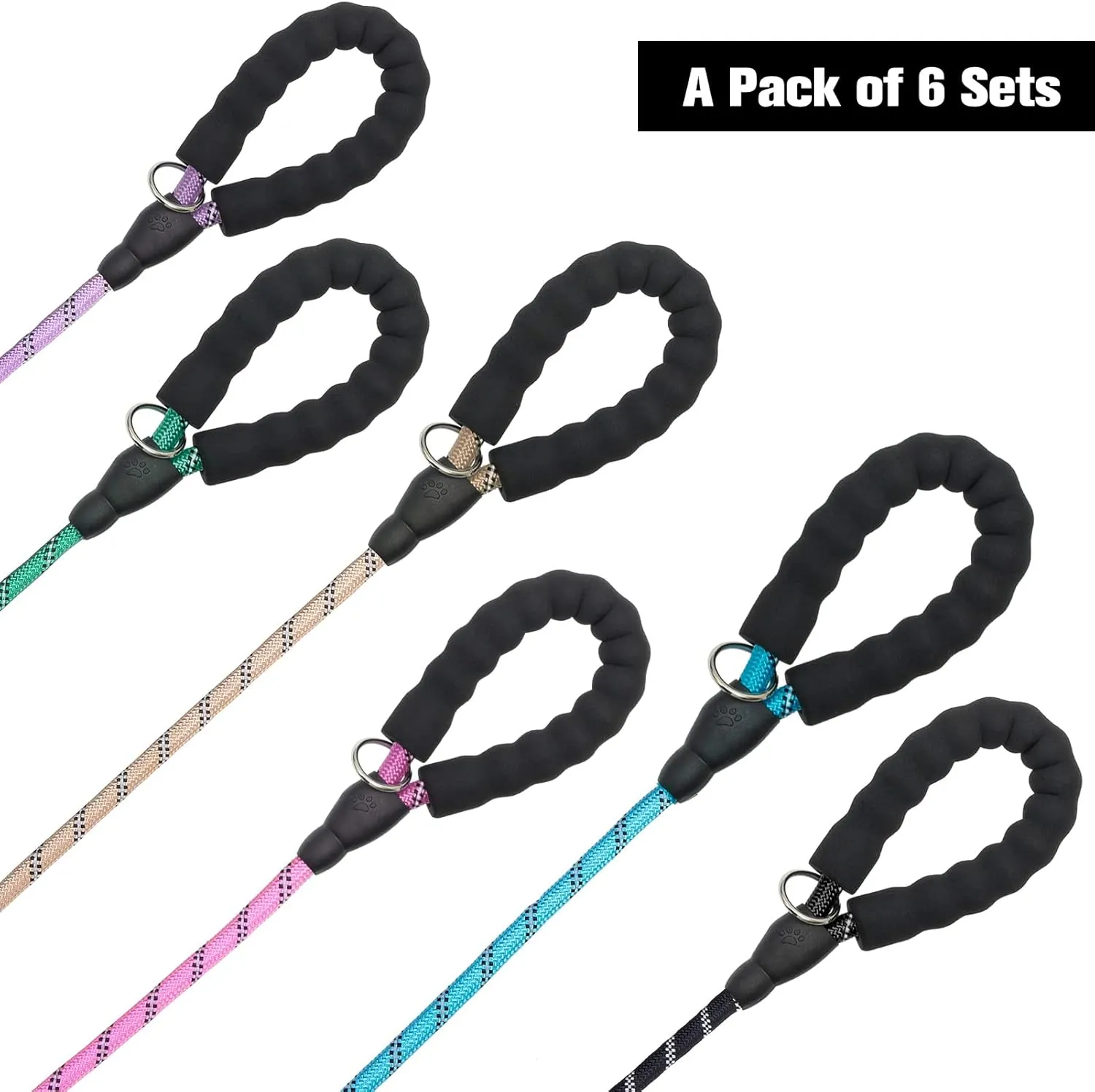 BEAUTYZOO Heavy Duty Rope Dog Leash 6 Pack, 6FT Nylon Pet Leash with Reflective Thread, Soft Padded Handle Thick Lead Leash for Large Medium Dogs Small Puppy,3/8inch X 5 FT (18~120 lbs)