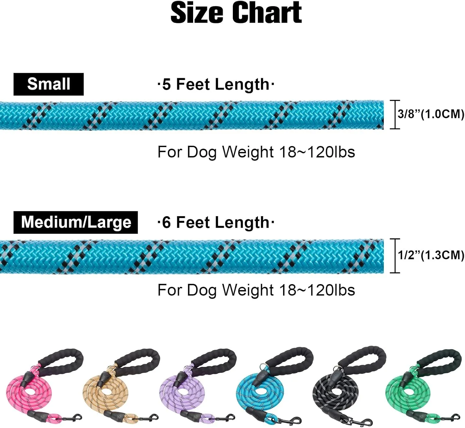 BEAUTYZOO Heavy Duty Rope Dog Leash 6 Pack, 6FT Nylon Pet Leash with Reflective Thread, Soft Padded Handle Thick Lead Leash for Large Medium Dogs Small Puppy,3/8inch X 5 FT (18~120 lbs)