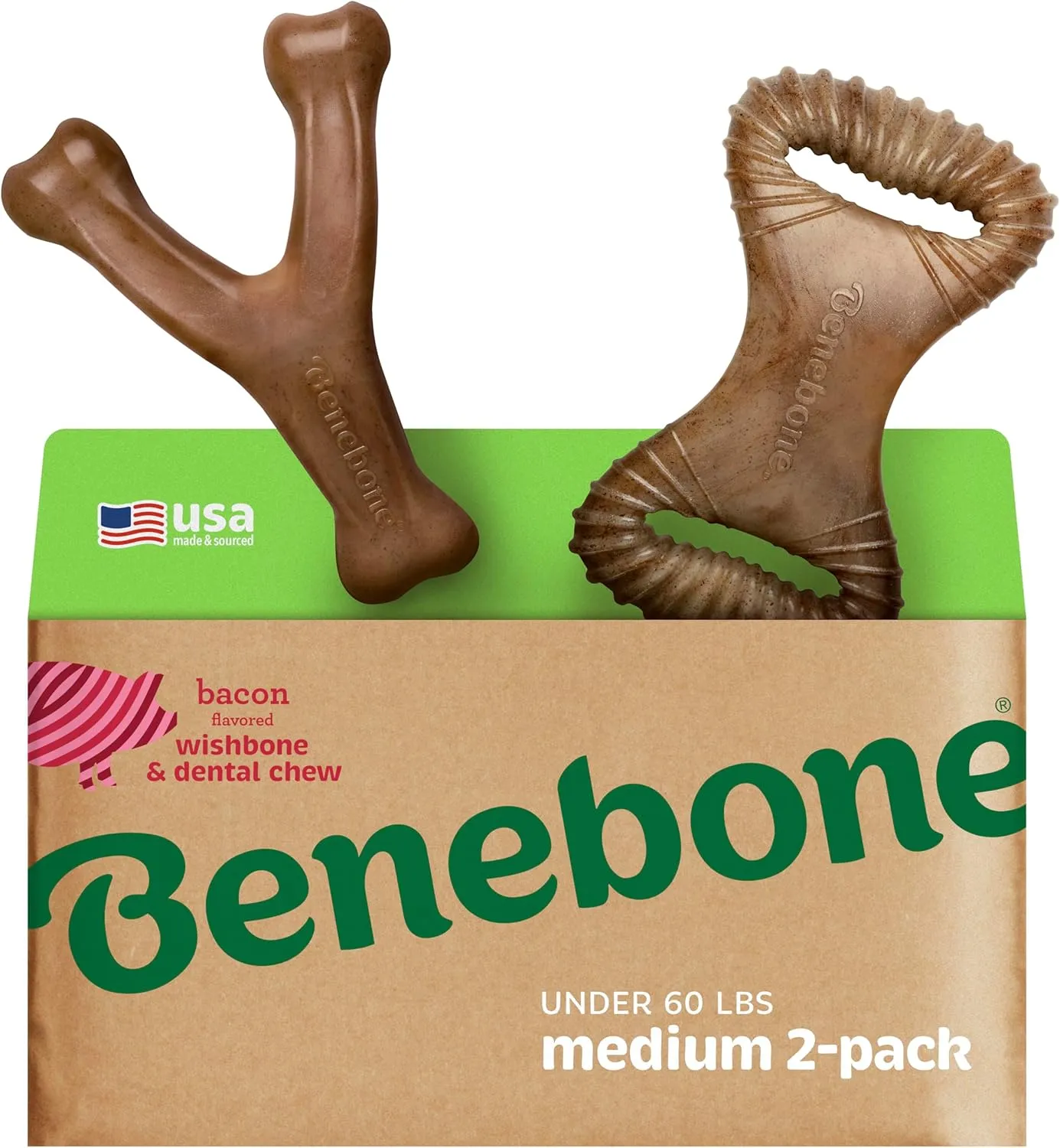 Benebone 2-pack Wishbone/Dental Durable Dog Chew Toys, Dog Toys for Aggressive Chewers, Real Bacon, Made in USA, Medium