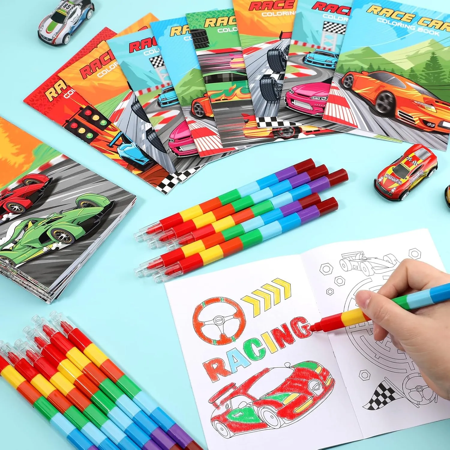 BenLouis 24 Race Car Mini Coloring Books Kids with 24 Stacking Crayons Racing Theme Party Favors Activity Books Bulk for Kids Fast Racecar Wheel Birthday Goodie Bag Gift Stuffer Classroom Reward