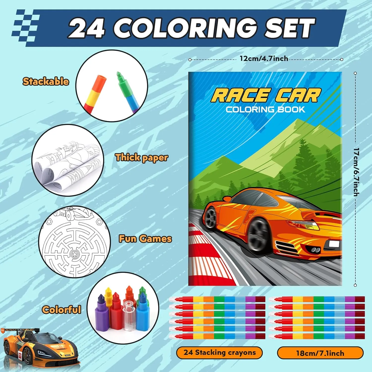 BenLouis 24 Race Car Mini Coloring Books Kids with 24 Stacking Crayons Racing Theme Party Favors Activity Books Bulk for Kids Fast Racecar Wheel Birthday Goodie Bag Gift Stuffer Classroom Reward