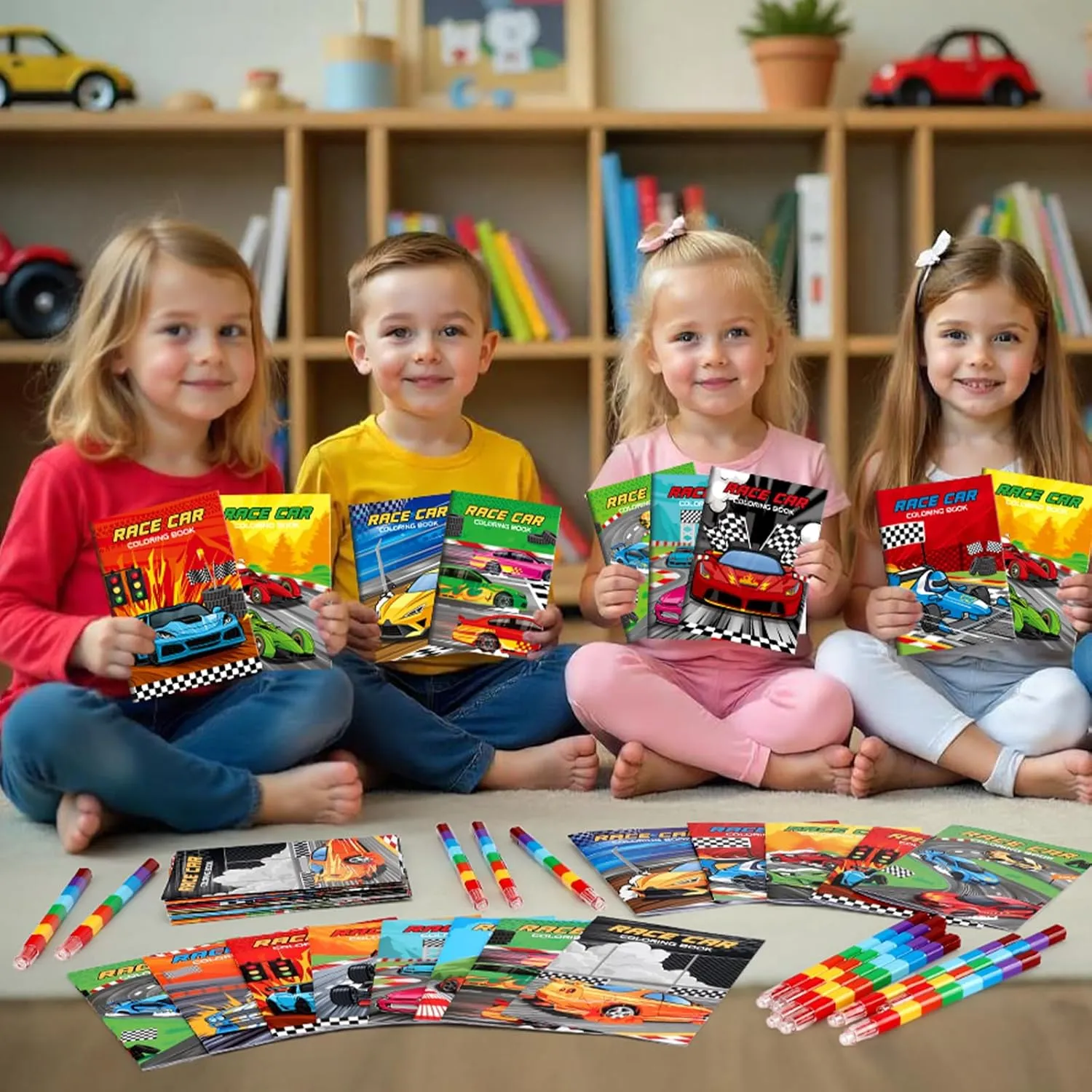 BenLouis 24 Race Car Mini Coloring Books Kids with 24 Stacking Crayons Racing Theme Party Favors Activity Books Bulk for Kids Fast Racecar Wheel Birthday Goodie Bag Gift Stuffer Classroom Reward