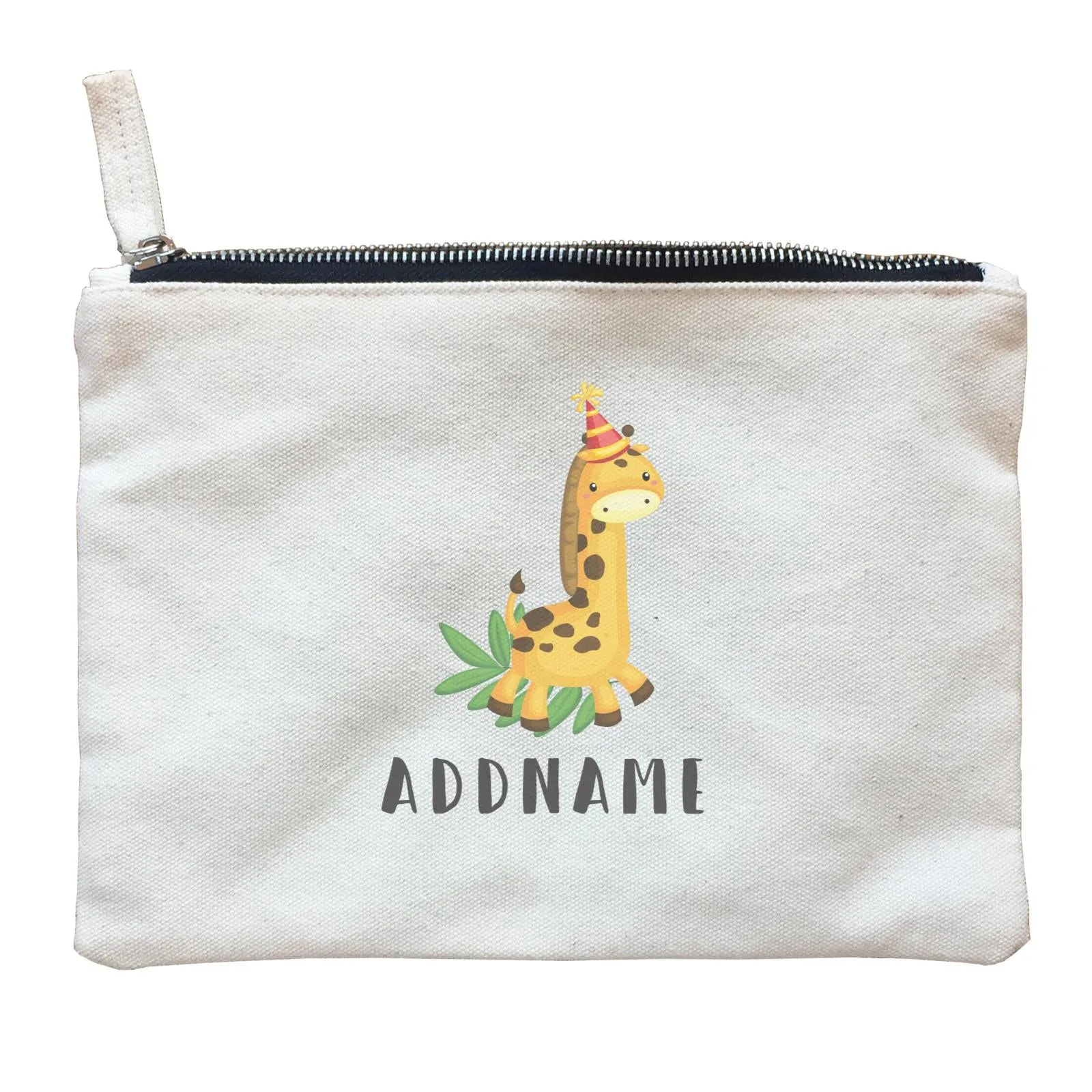 Birthday Safari Giraffa Wearing Party Hat Addname Zipper Pouch