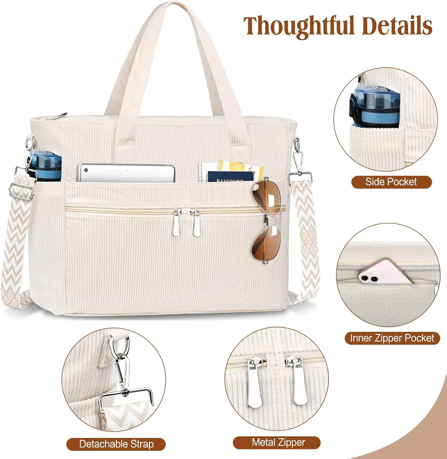 BKNOOU Large Corduroy Beach Tote Bag for Women Travel Carry on Weekender Bags Shoulder Handbag with Laptop Compartment