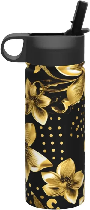 black and gold flowers Print Flask Stainless Steel Water Bottle with Straw 18OZ FOR Outdoor Gym Commute