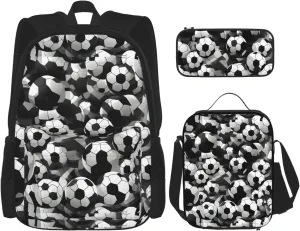 Black And White Soccer Ball Pattern Print Versatile Adjustable Shoulder Fashion Backpack Lunch Bag Pencil Case Large Capacity