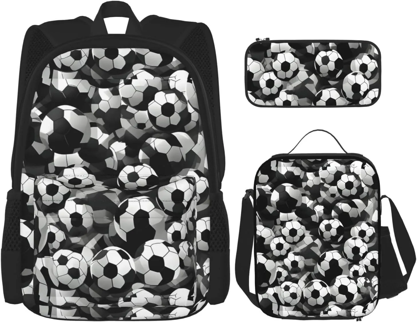 Black And White Soccer Ball Pattern Print Versatile Adjustable Shoulder Fashion Backpack Lunch Bag Pencil Case Large Capacity