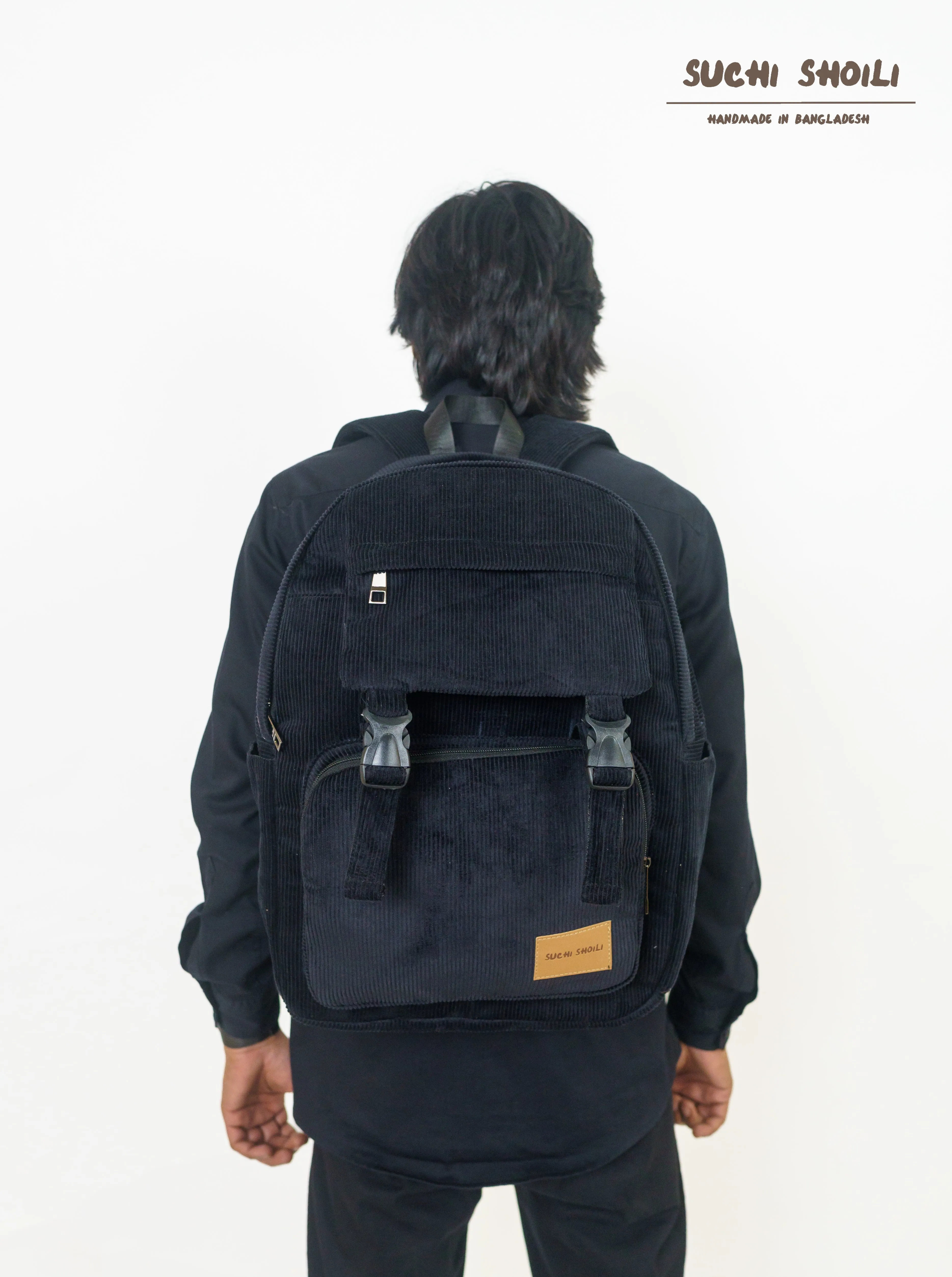 Black Corduroy Fabric Metro Backpack