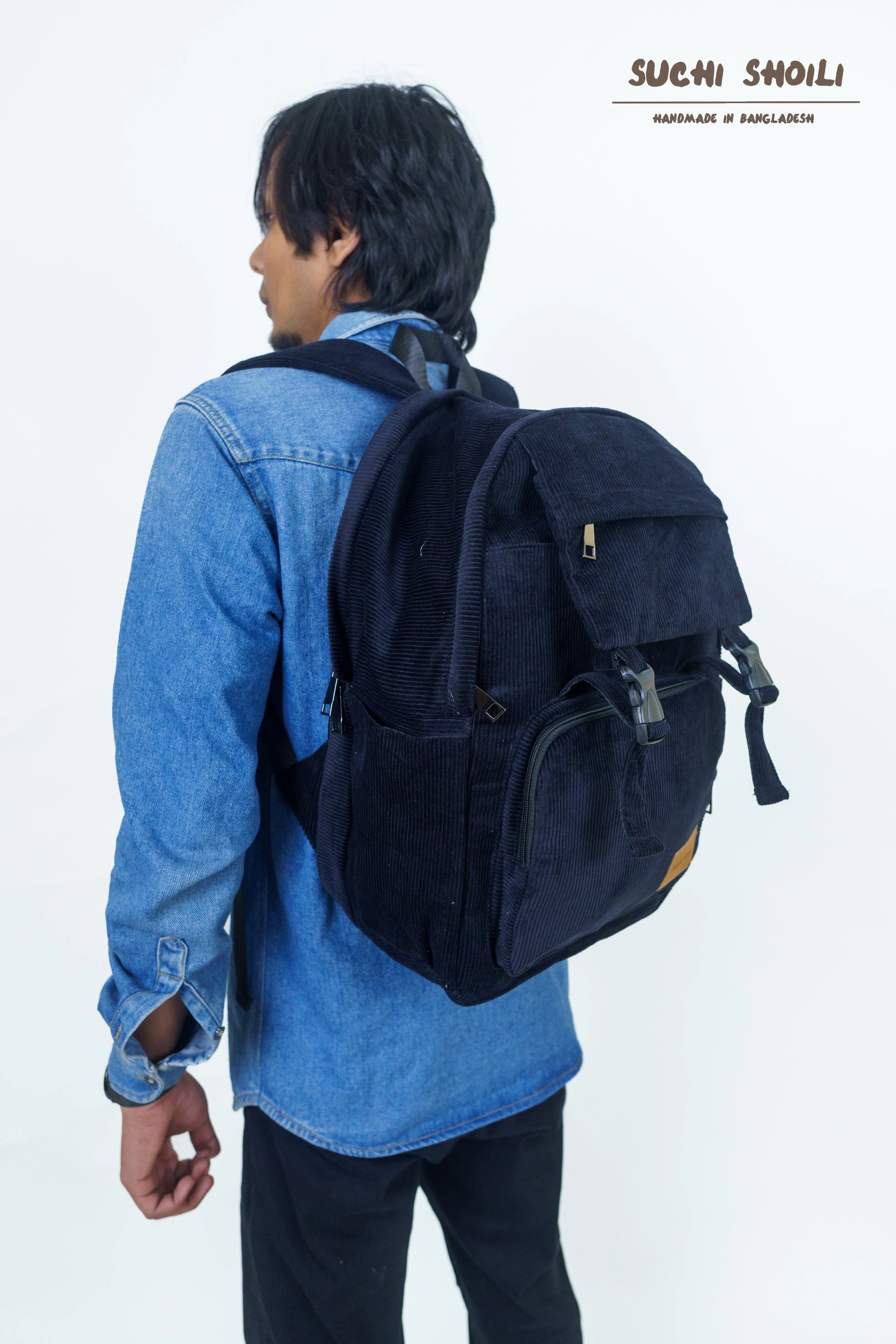 Black Corduroy Fabric Metro Backpack