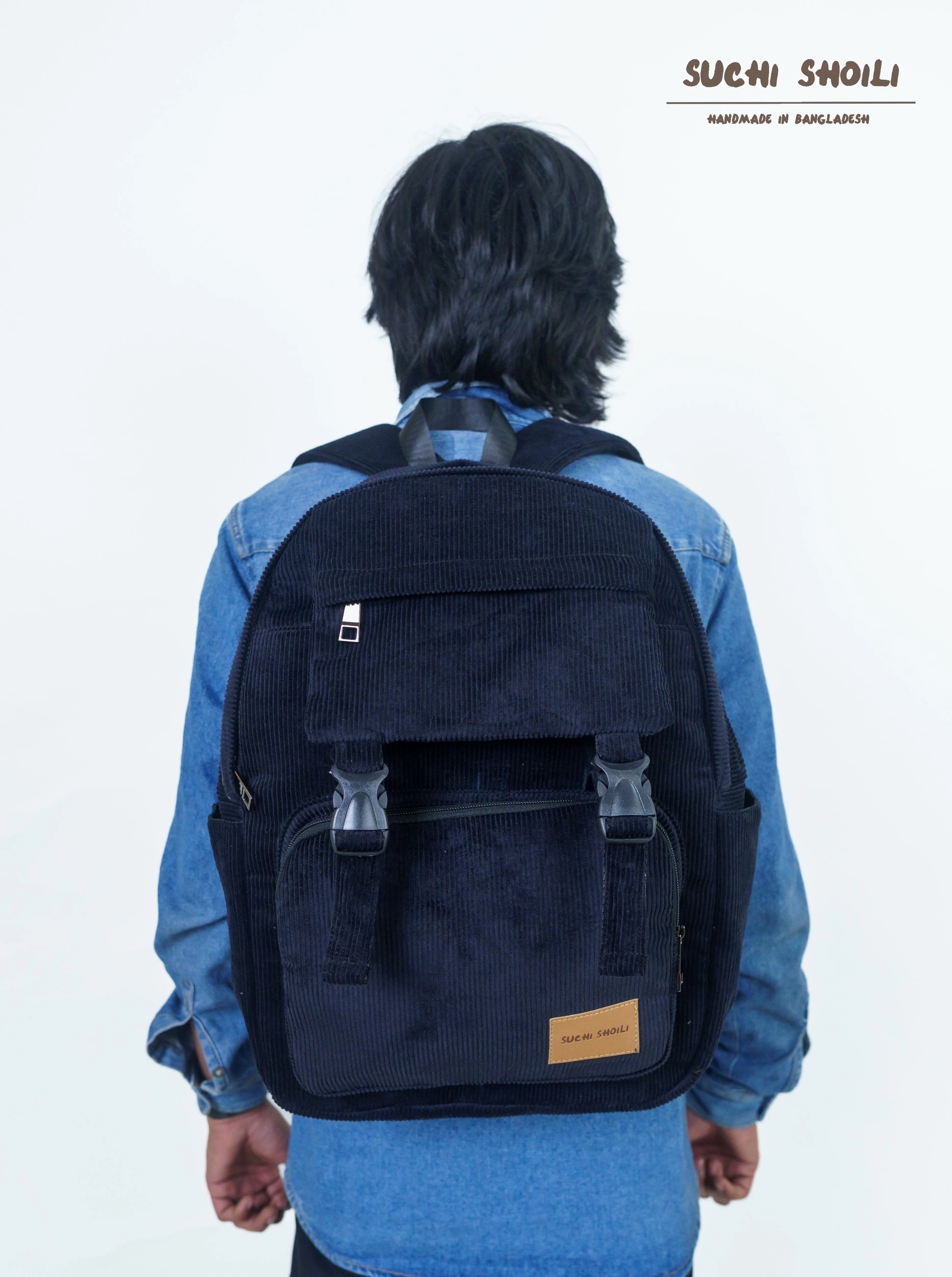Black Corduroy Fabric Metro Backpack