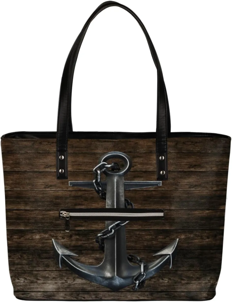Black Iron Anchor Hardwood Tote Bag Women Shoulder Handbags PU Leather Everyday Bag with External Pocket Large Capacity Aesthetic Corduroy Tote Bag for Travel Work Party