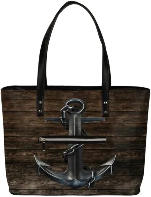 Black Iron Anchor Hardwood Tote Bag Women Shoulder Handbags PU Leather Everyday Bag with External Pocket Large Capacity Aesthetic Corduroy Tote Bag for Travel Work Party