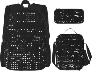 Black Round Dot Print Stylish Travel Backpack And Lunch Box Set,600d Oxford Fabric,With Insulated Lunch Bag