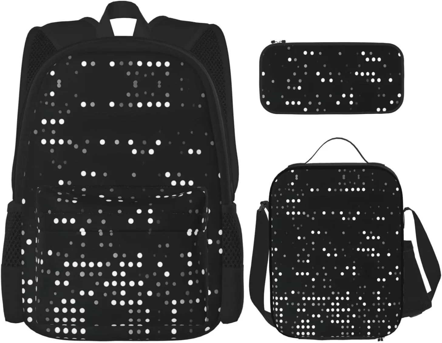 Black Round Dot Print Stylish Travel Backpack And Lunch Box Set,600d Oxford Fabric,With Insulated Lunch Bag
