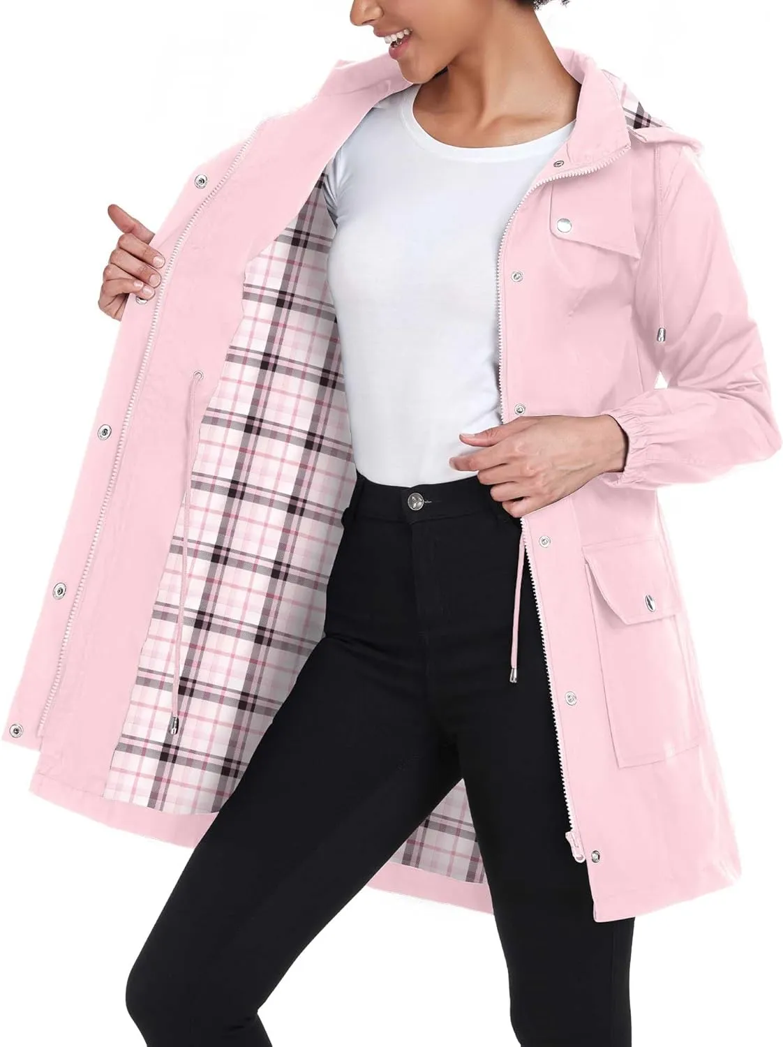 Bloggerlove Rain Jacket Women Lightweight Raincoats Outdoor Waterproof Windbreaker Hooded Plaid Lined Trench Coat S-XXL