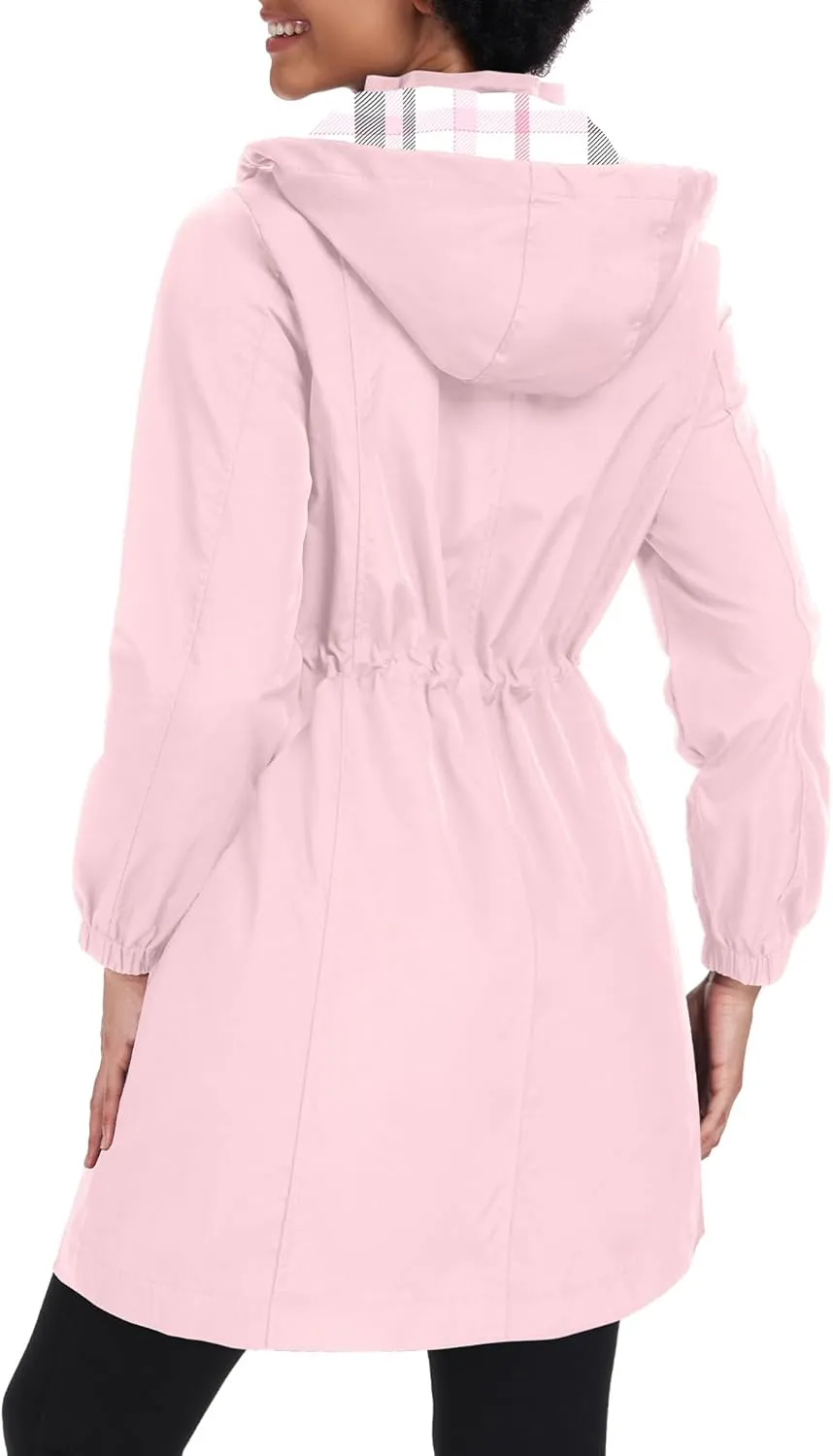Bloggerlove Rain Jacket Women Lightweight Raincoats Outdoor Waterproof Windbreaker Hooded Plaid Lined Trench Coat S-XXL