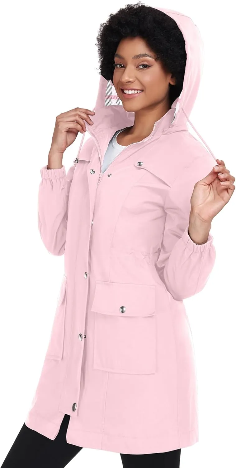 Bloggerlove Rain Jacket Women Lightweight Raincoats Outdoor Waterproof Windbreaker Hooded Plaid Lined Trench Coat S-XXL