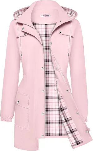 Bloggerlove Rain Jacket Women Lightweight Raincoats Outdoor Waterproof Windbreaker Hooded Plaid Lined Trench Coat S-XXL