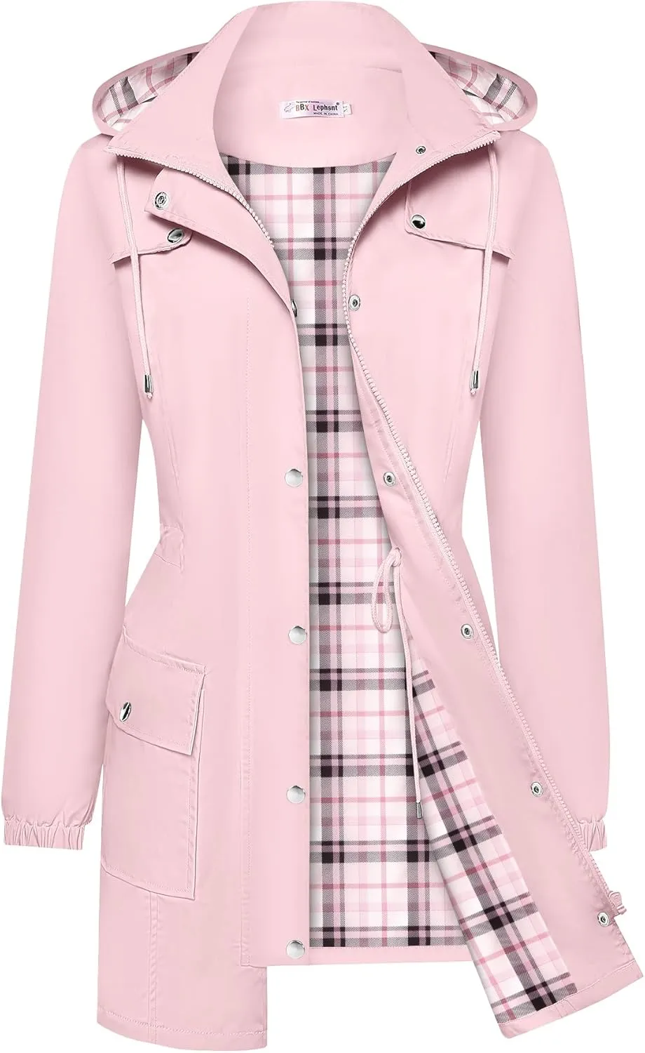 Bloggerlove Rain Jacket Women Lightweight Raincoats Outdoor Waterproof Windbreaker Hooded Plaid Lined Trench Coat S-XXL