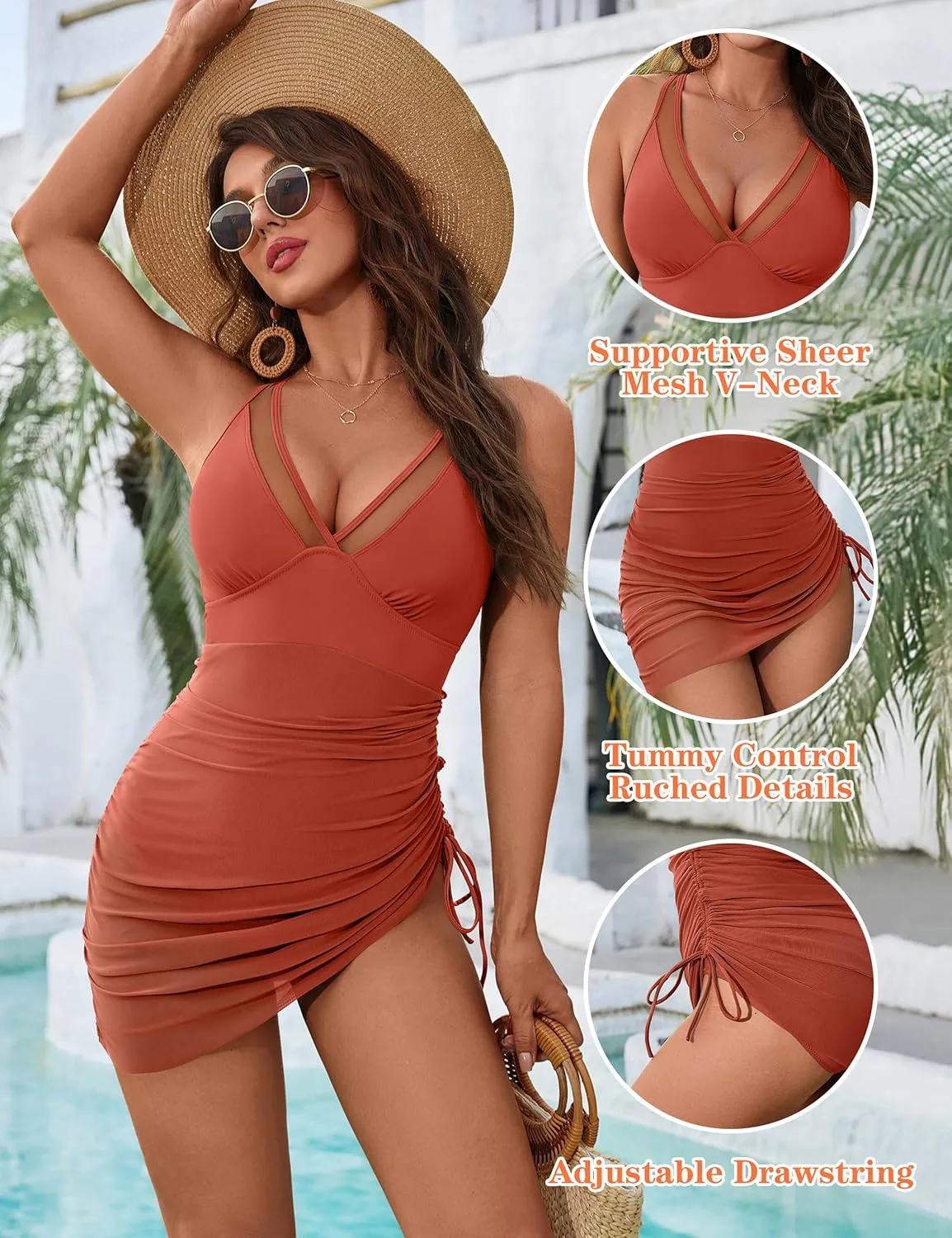 Blooming Jelly Women's One Piece Swimsuit Tummy Control Swim Dress Modest Bathing Suit Mesh Sarong Wraps Swim Suits