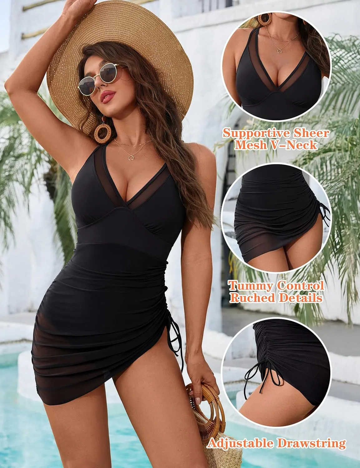 Blooming Jelly Women's One Piece Swimsuit Tummy Control Swim Dress Modest Bathing Suit Mesh Sarong Wraps Swim Suits