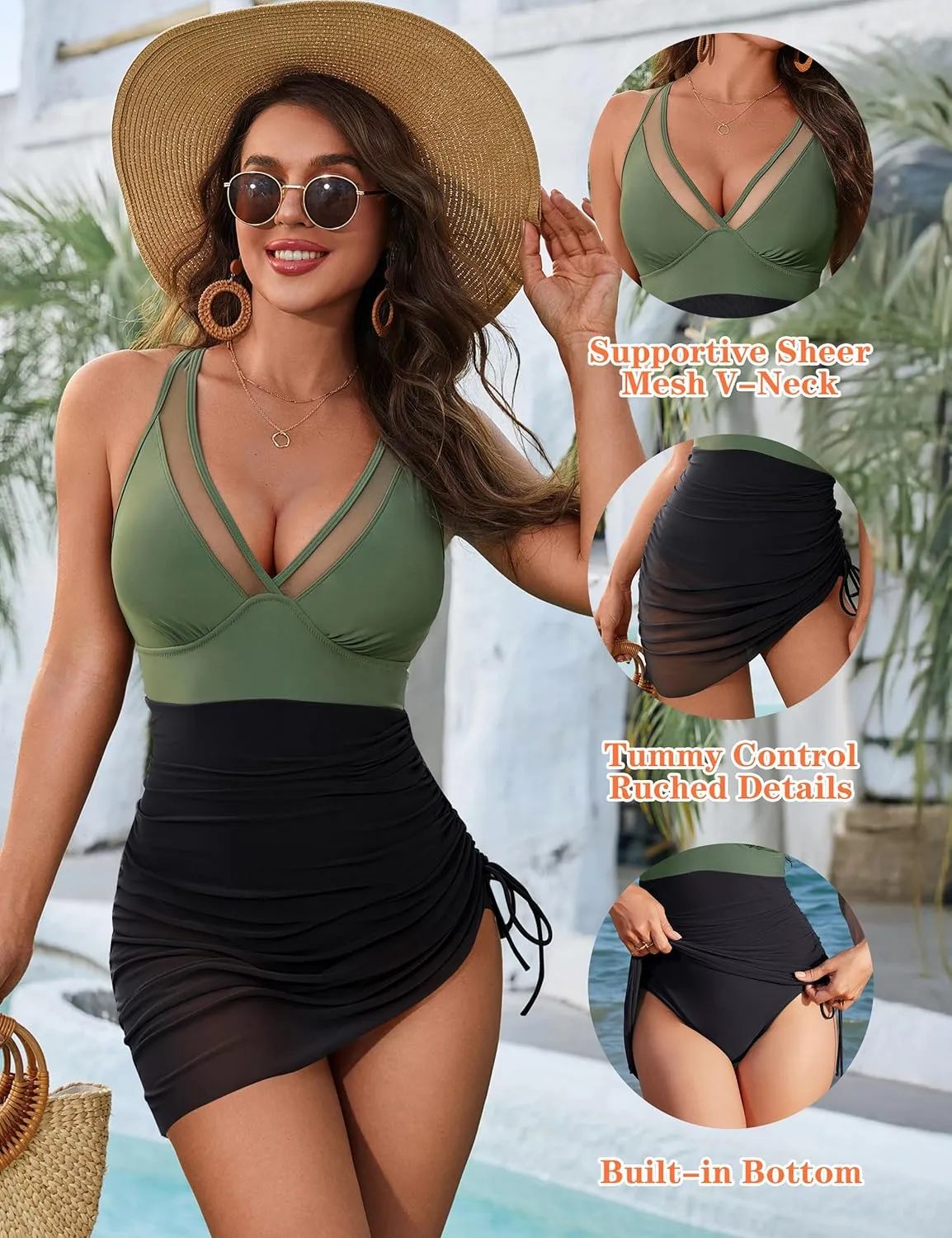 Blooming Jelly Women's One Piece Swimsuit Tummy Control Swim Dress Modest Bathing Suit Mesh Sarong Wraps Swim Suits