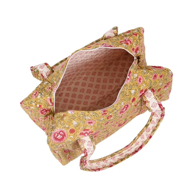 BLOSSOMING ROSES IN BASANT HAND BLOCK PRINTED QUILTED TRAVEL MICRO DUFFLE BAG