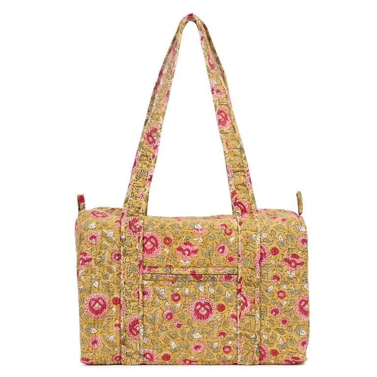 BLOSSOMING ROSES IN BASANT HAND BLOCK PRINTED QUILTED TRAVEL MICRO DUFFLE BAG