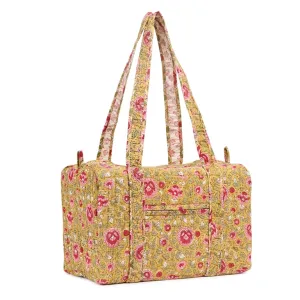 BLOSSOMING ROSES IN BASANT HAND BLOCK PRINTED QUILTED TRAVEL MICRO DUFFLE BAG