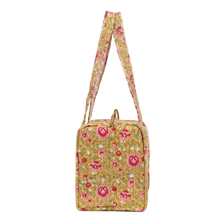 BLOSSOMING ROSES IN BASANT HAND BLOCK PRINTED QUILTED TRAVEL MICRO DUFFLE BAG