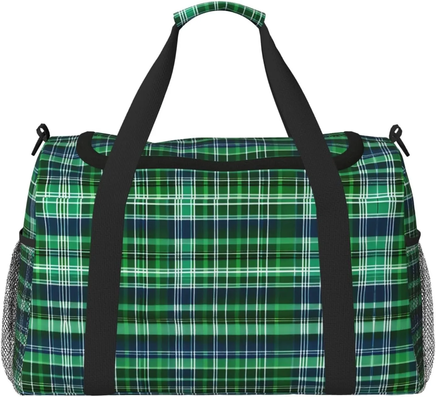 Blue and Green Scottish Tartan print Large Canvas Travel Duffel Bag Weekender Bags for Women Overnight Bag Carry On Tote Bag