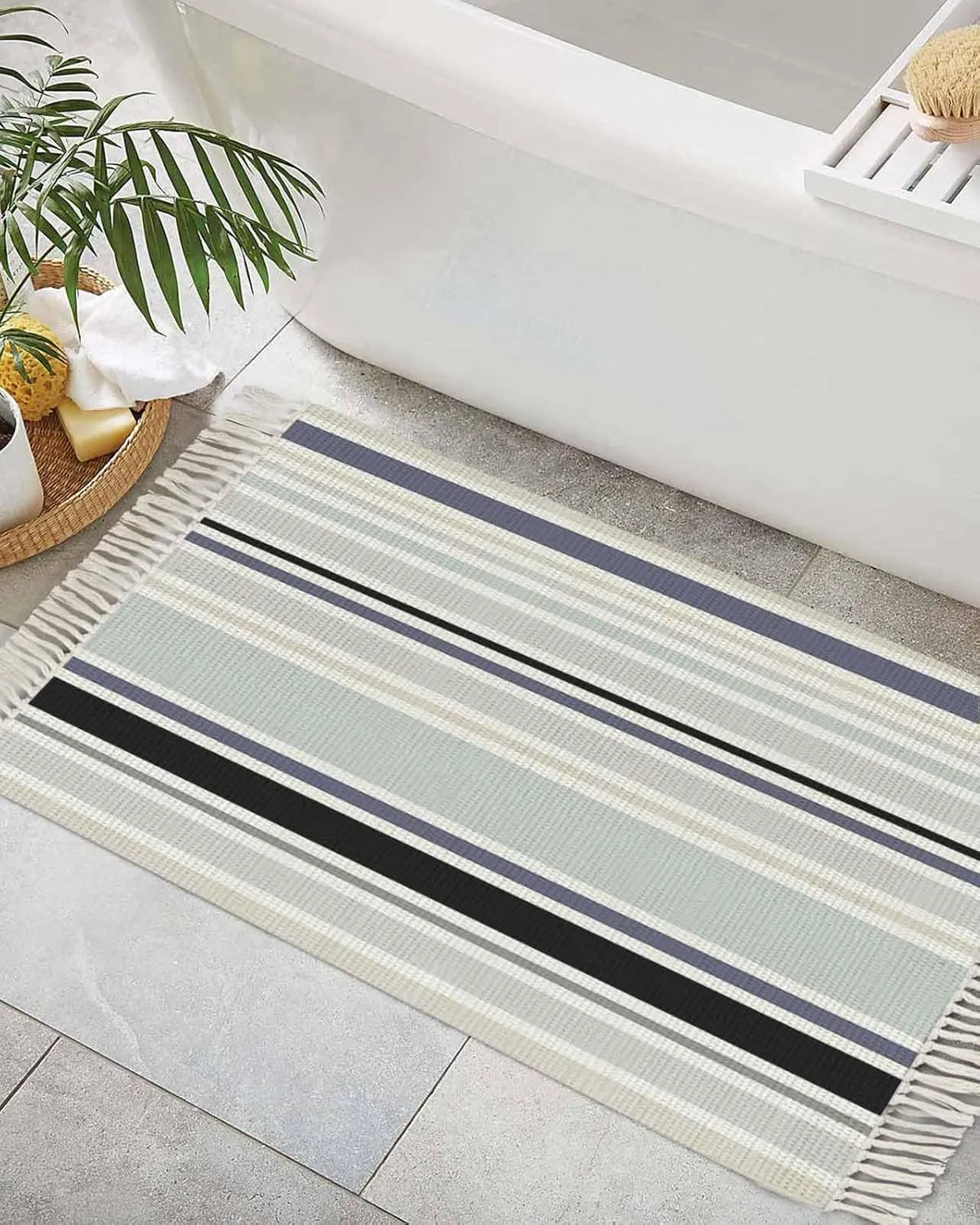 Blue Black Gray Entryway Rug 2X3 Ft Bathroom Mat, Washable Woven Throw Carpet with Tassel, Modern Simple Abstract Ombre Stripes Non-Shedding Indoor Outdoor Kitchen Doormats