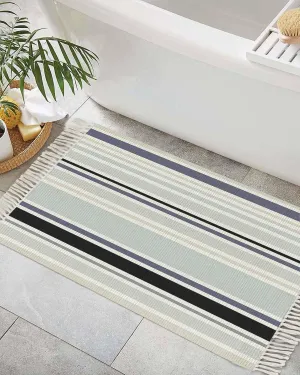 Blue Black Gray Entryway Rug 2X3 Ft Bathroom Mat, Washable Woven Throw Carpet with Tassel, Modern Simple Abstract Ombre Stripes Non-Shedding Indoor Outdoor Kitchen Doormats
