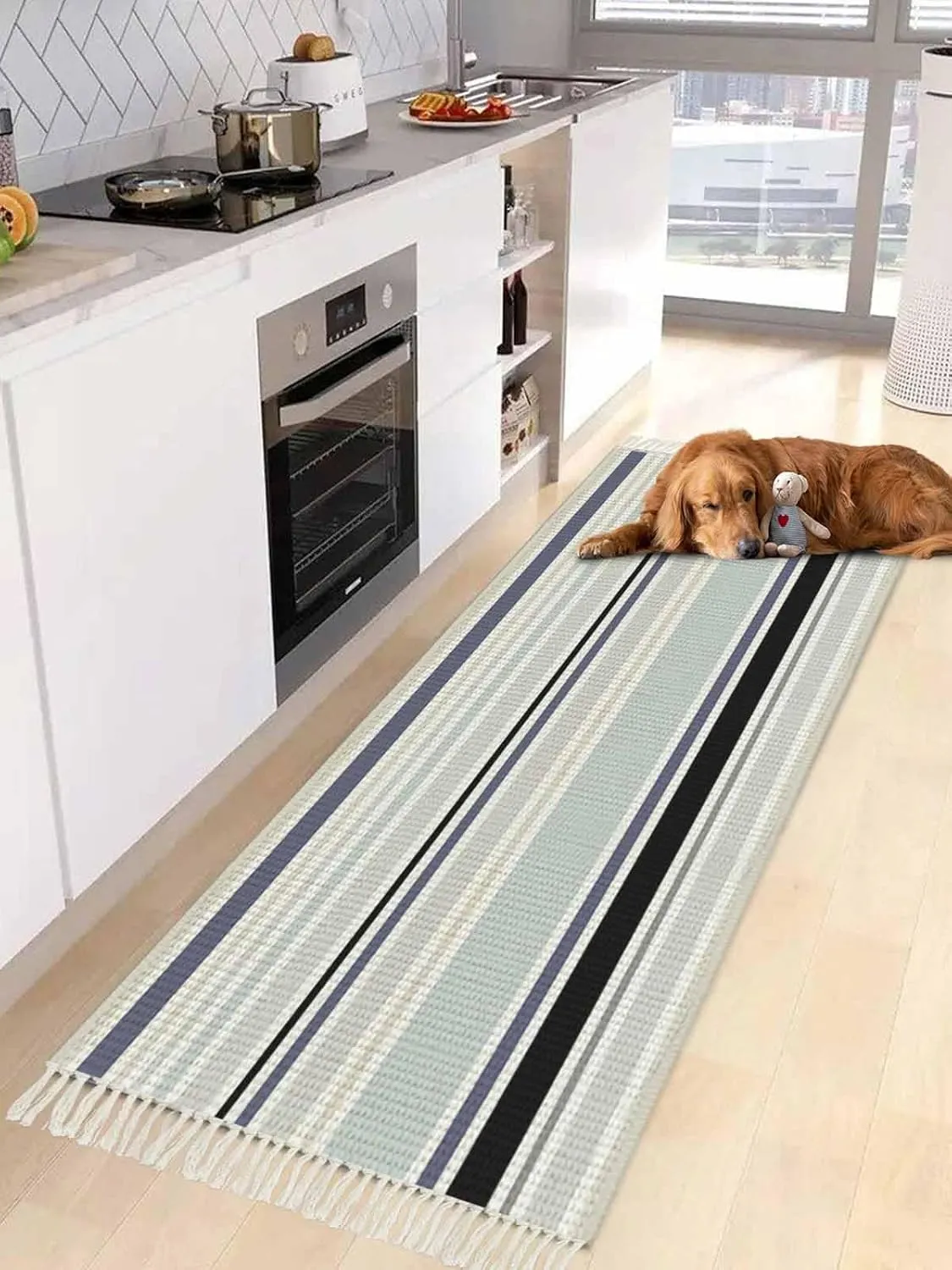 Blue Black Gray Kitchen Hallway Runner Rug 2X5 Ft Carpet, Washable Woven Throw Carpet with Tassel, Modern Simple Abstract Ombre Stripes Non-Shedding Entryway Laundry Rugs
